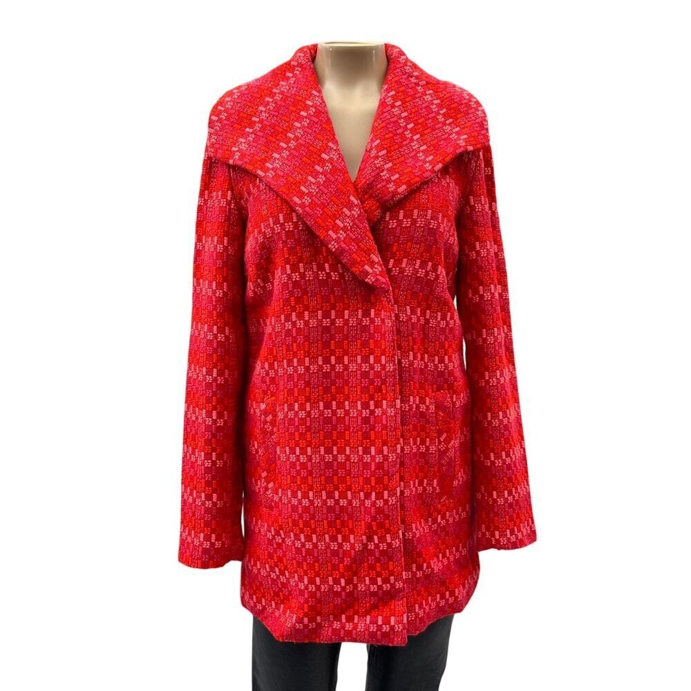 Cabi Sloan Wool Blend Pea Coat Plaid Lined Pocket Snap Front Jacket Women Red XS